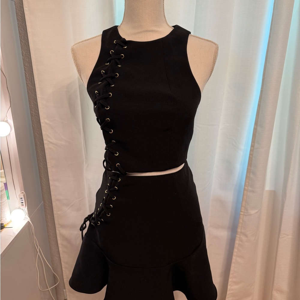 Express New With Tags Black Lace-Up Crop Top and Skirt Set